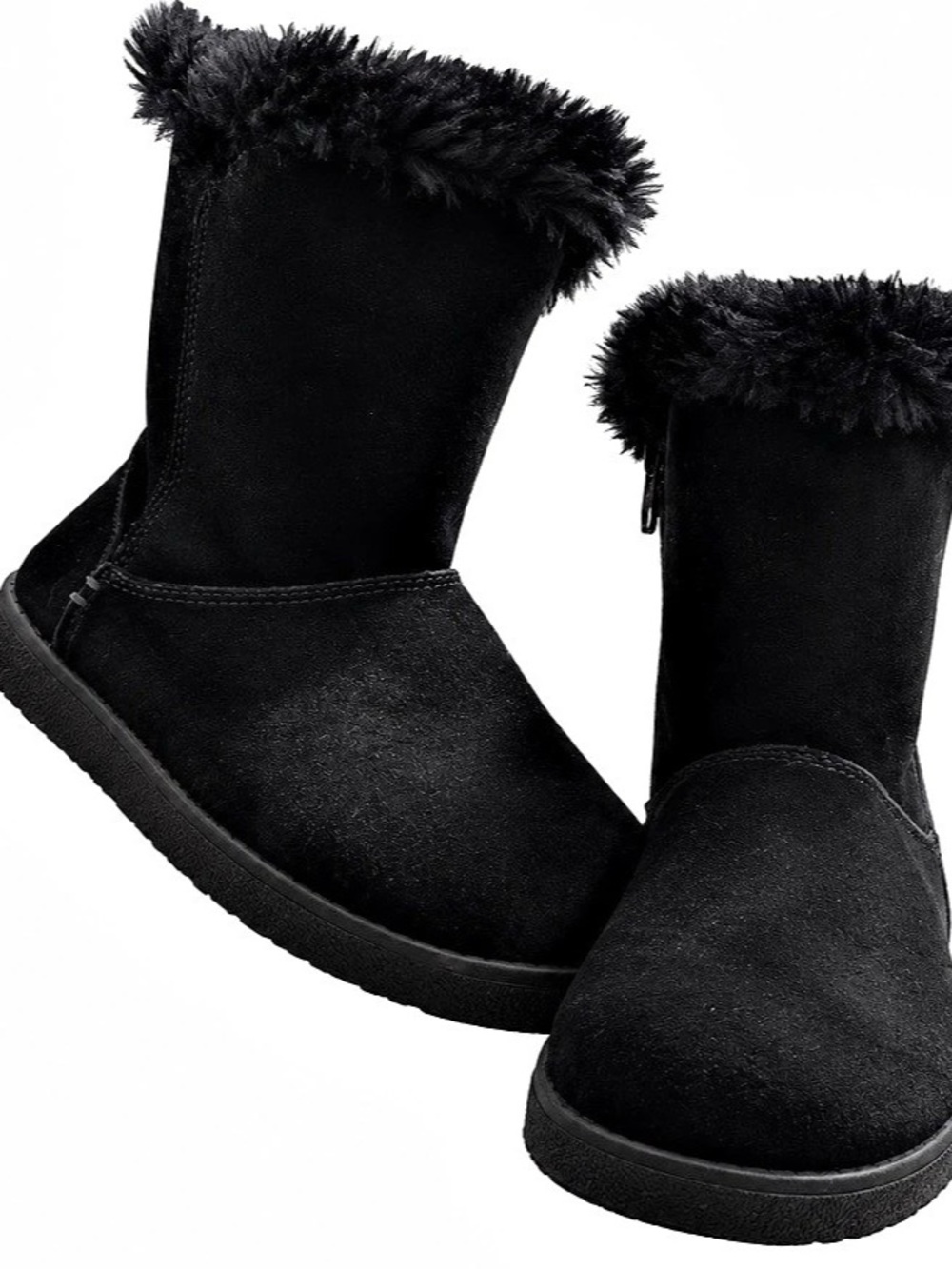 Women's Black Suede Mid-Calf Winter Boots with Faux Fur Cuff